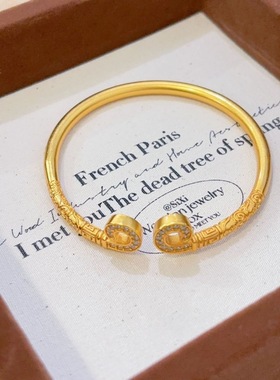 古法沙金镶钻如意金箍棒开口手镯戒指女金箍棒手镯