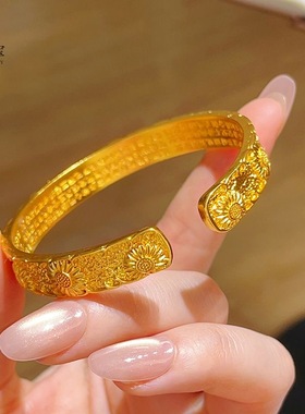 金店同款古法沙金满錾小雏菊心经手镯宽面花卉镯子复古送女友礼物