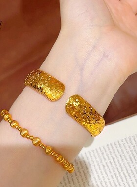 金店同款沙金爆闪宽面碎冰冰轮胎开口手镯轻奢实心素圈镯子送礼物