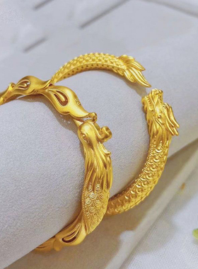 龙凤呈祥手镯古法黄金色祥龙手镯三金婚嫁凤凰手镯