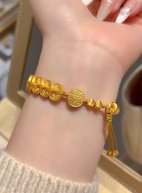 古法沙金五路财神五钱帝半镯手链复古新中式百搭轻奢编织手环手饰