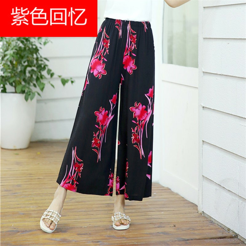 夏季中老年棉麻阔腿裤民族风花裤子 紫色回忆女装休闲裤