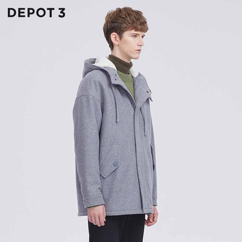 DEPOT3男装大衣 原创设计品牌保暖经典毛呢带帽羊羔毛呢料大衣