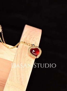 炽热的心手工绕线天然石榴石吊坠耳钉套装爱心型车厘子红百搭叠戴