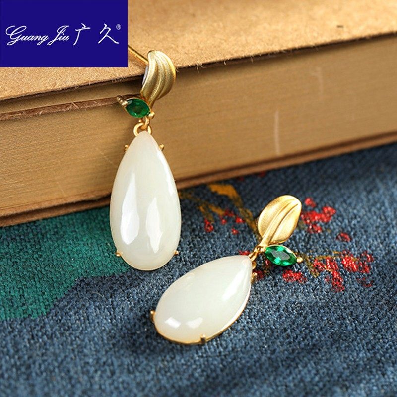 广久s925镀金水滴形一叶子银耳环 广久耳钉