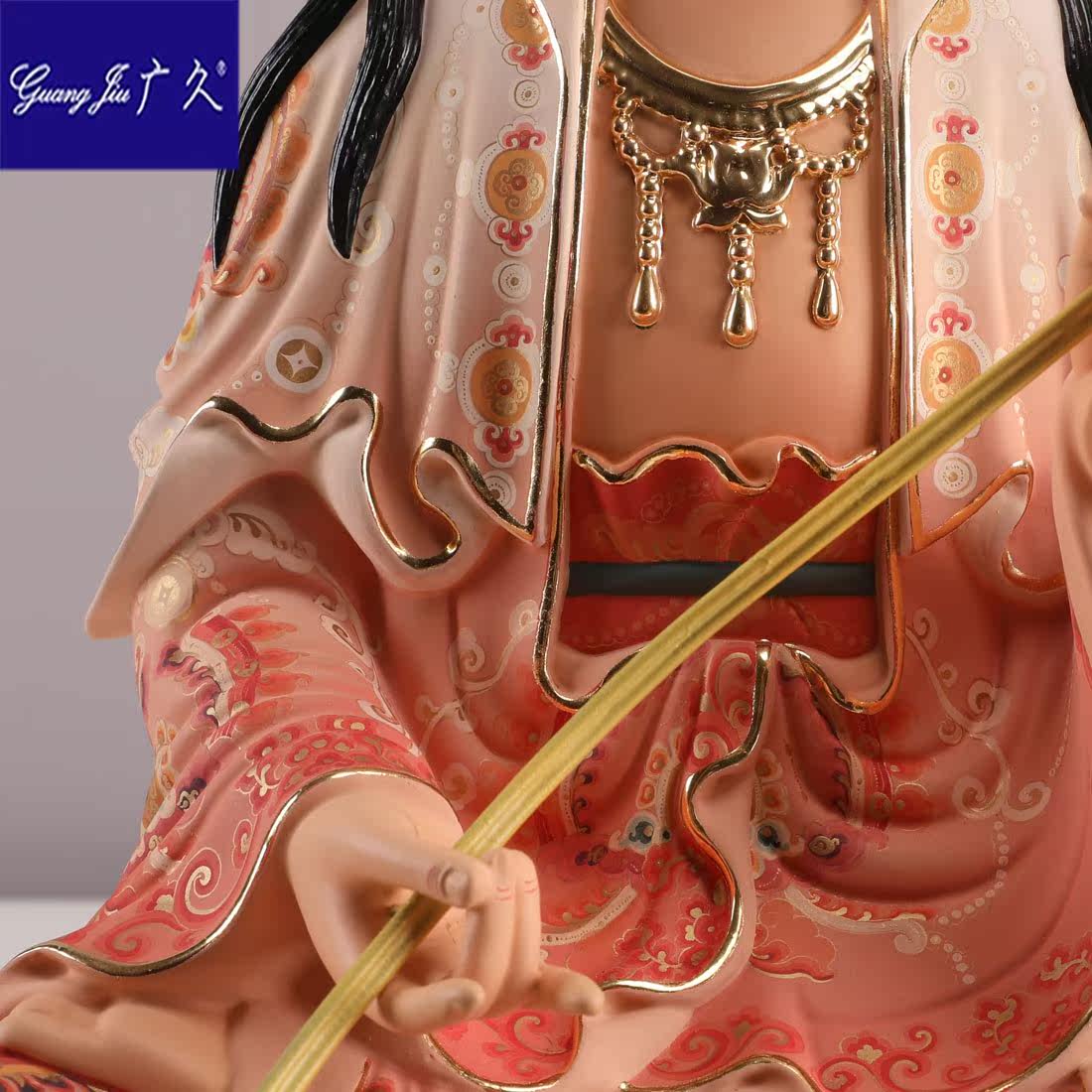 纯铜彩绘鎏金西方三圣观世音佛像 广久摆件