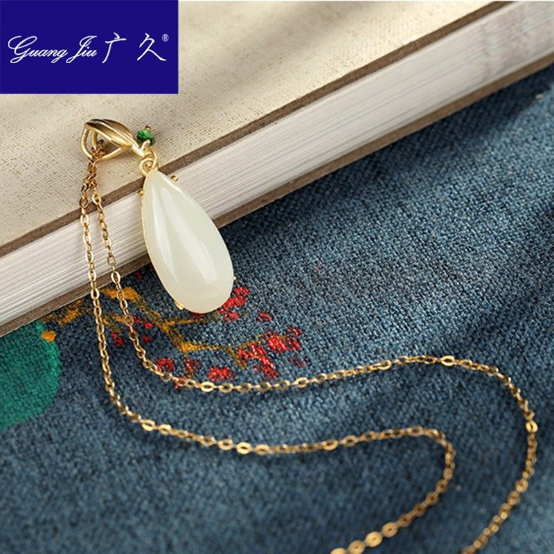 广久s925银项链镀金一叶子女士白玉 广久项链