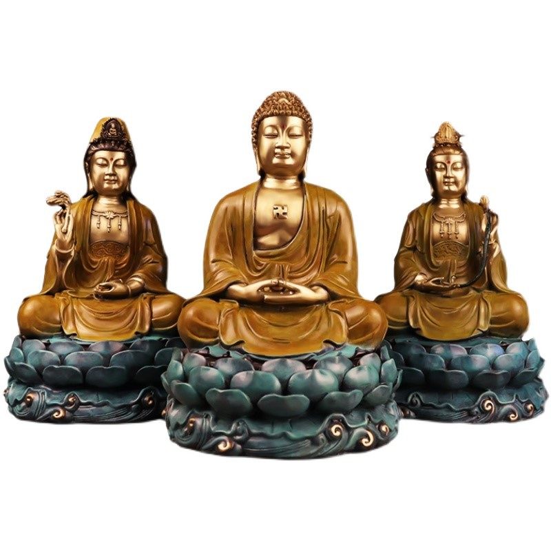 纯铜西方三圣摆件如来家居彩铜佛像 广久摆件