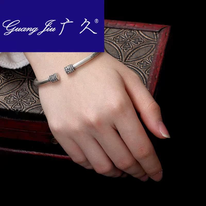 广久a1复古哑光做旧实心纯银手镯 广久手镯