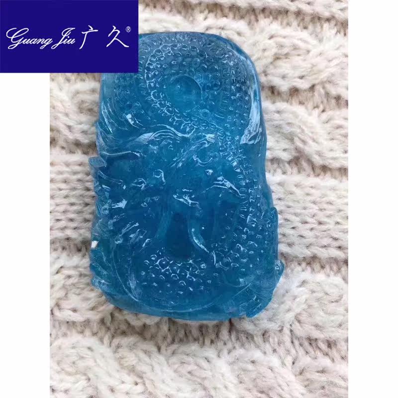 广久天然海蓝宝龙雕刻颜色漂亮吊坠 广久项坠/吊坠