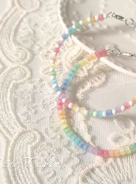 STARFABLE 彩虹色串珠手链猫眼米珠设计可爱少女原创手环记忆钢丝