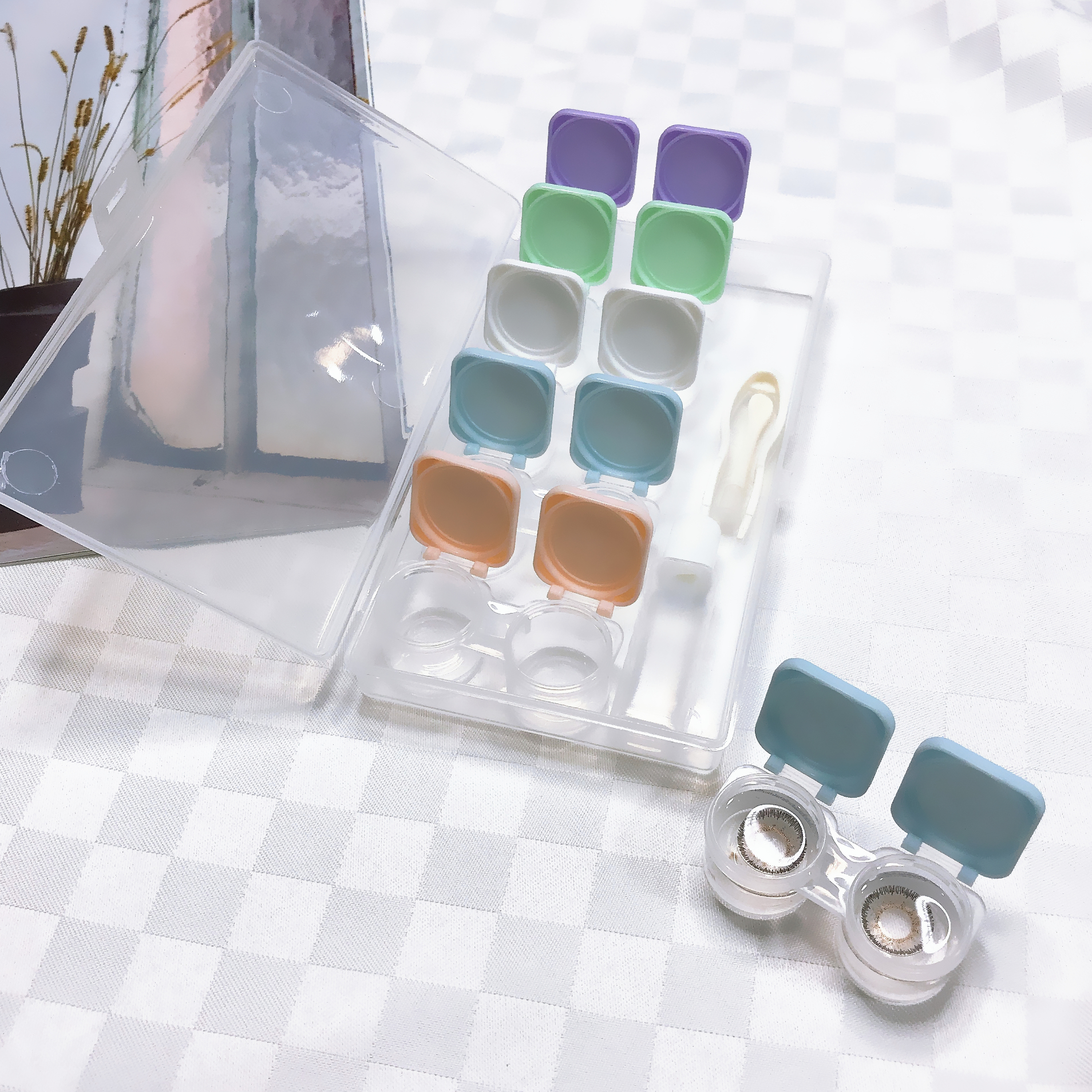 翻盖按压扣式美瞳隐形近视眼镜盒多副装纯色便携双联收纳伴侣盒子 - 图0