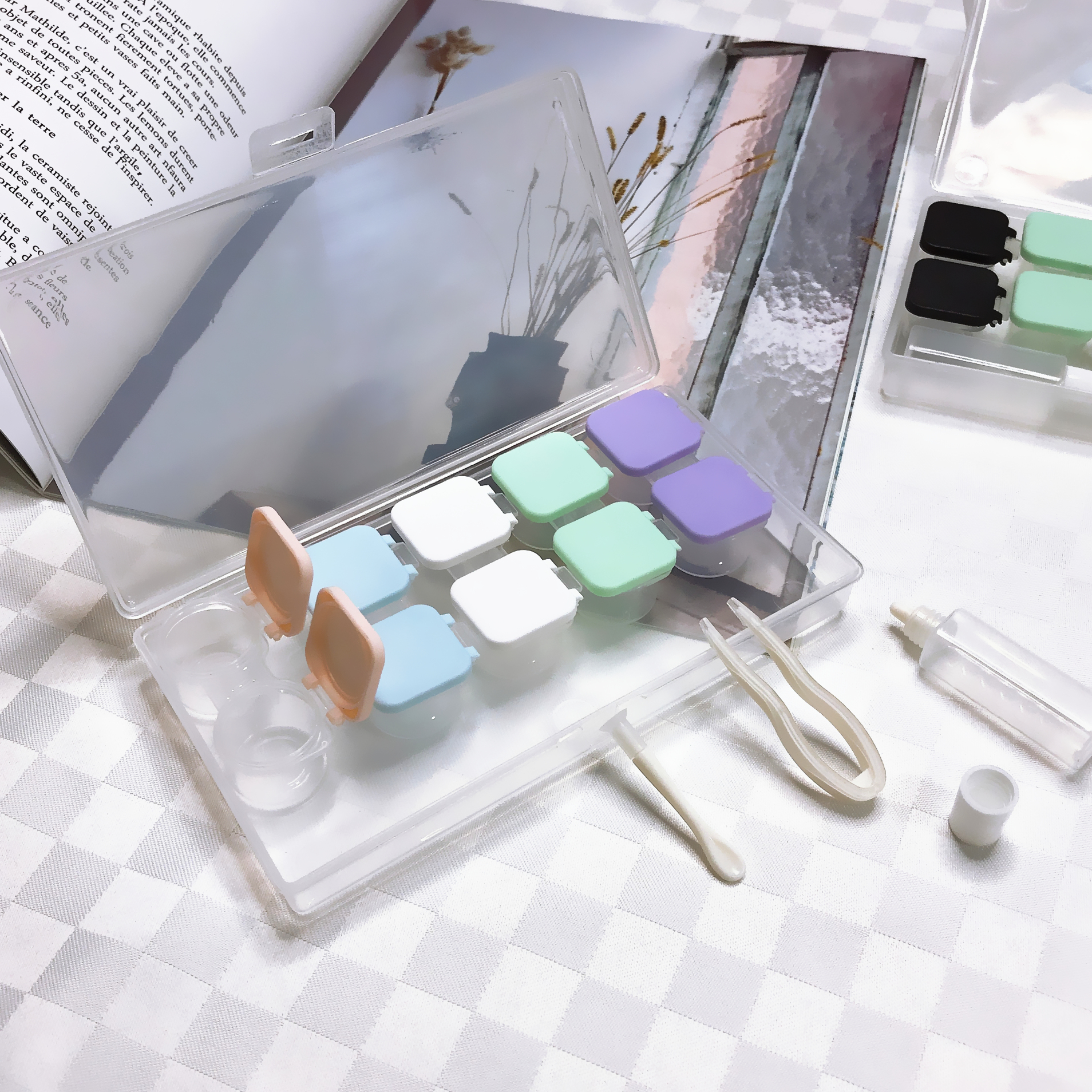 翻盖按压扣式美瞳隐形近视眼镜盒多副装纯色便携双联收纳伴侣盒子 - 图2