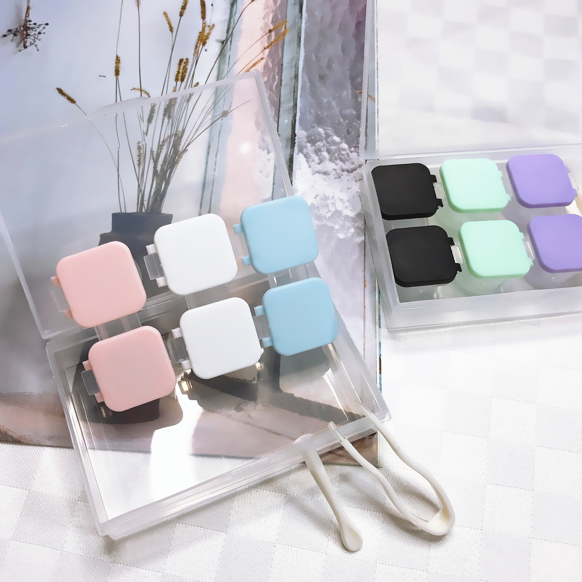 翻盖按压扣式美瞳隐形近视眼镜盒多副装纯色便携双联收纳伴侣盒子 - 图1