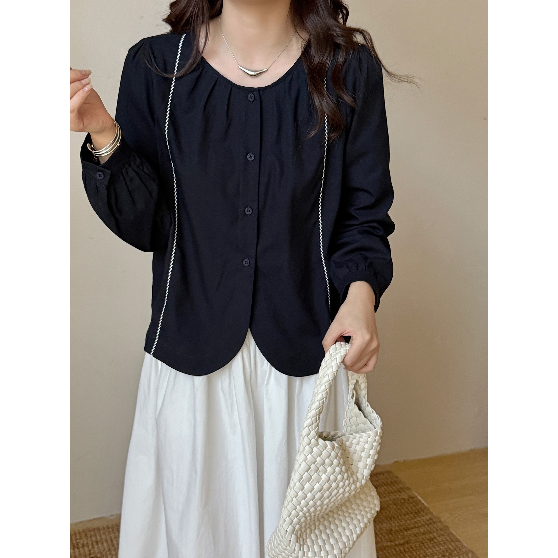 香港潮牌棉茧 圆领减龄气质长袖衬衫女装2025秋装新款时尚韩版纯,淘宝优惠券,粉丝福利购,淘宝优惠卷