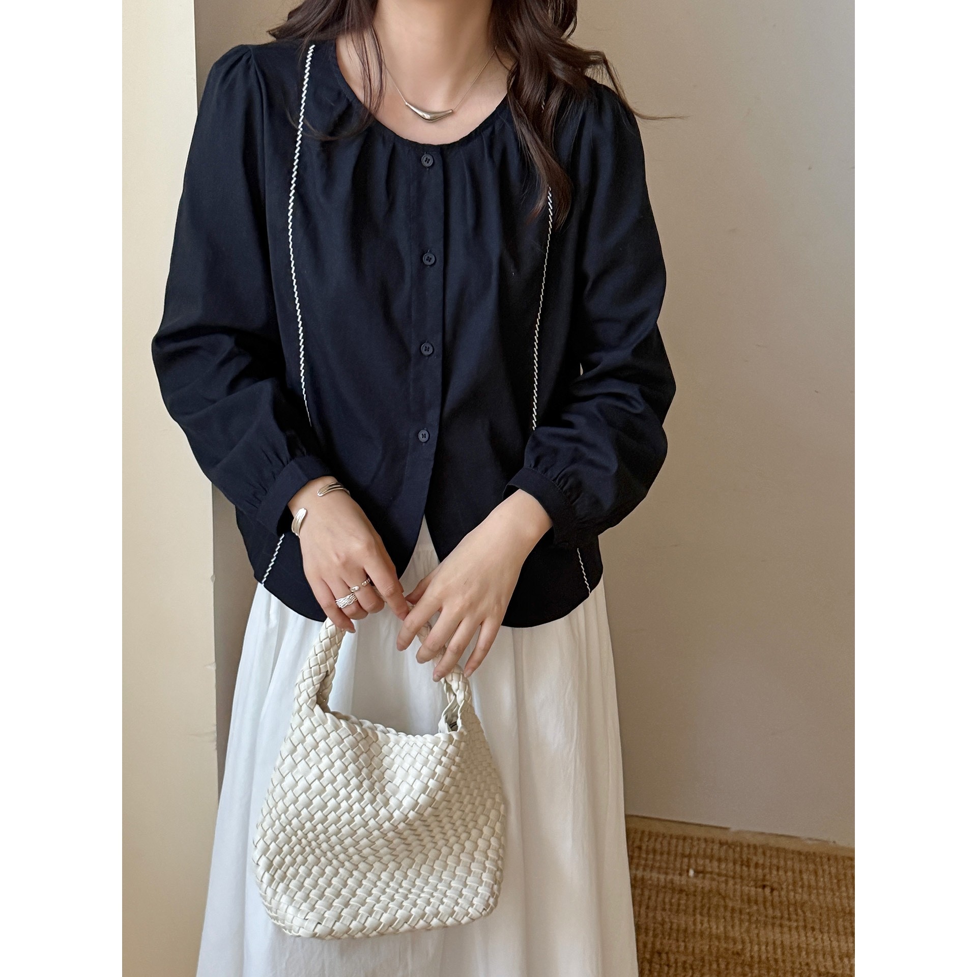 香港潮牌棉茧 圆领减龄气质长袖衬衫女装2025秋装新款时尚韩版纯,淘宝优惠券,粉丝福利购,淘宝优惠卷