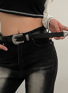 皮带女士欧美范黑色皮带女装饰简约复古百搭裤带时尚针扣细皮腰带