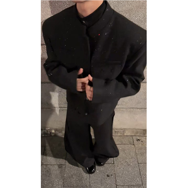 高级感垫肩短款西装外套男秋冬撒银呢料痞帅立领夹克夜店男模穿搭,淘宝优惠券,粉丝福利购,淘宝优惠卷