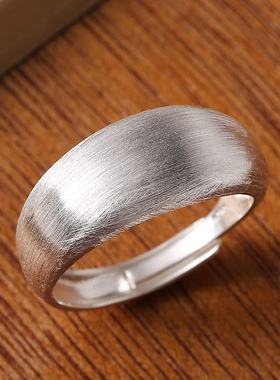 宽面磨砂拉丝戒指女925纯银创意设计港风气质个性推拉单戒可调节