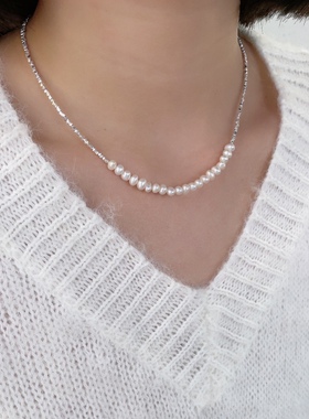 S925纯银天然珍珠碎银子几两珠法式项链女设计感轻奢气质韩国ins