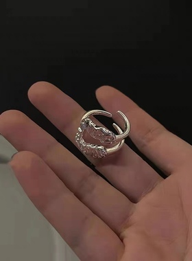 韩版S925银个性几何不规则戒指女复古纹理锡纸夸张开口指环食指戒