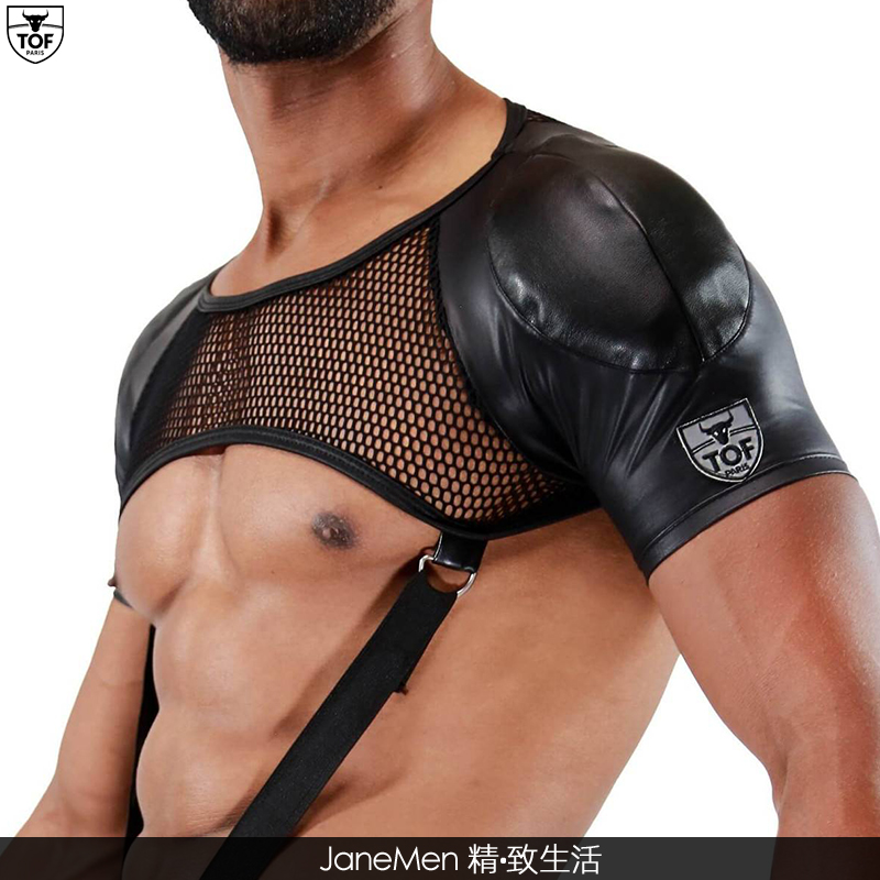 TOF男士斯巴达性感恋物时尚舒适前卫贴合仿皮网面修身肩带H0003-图0