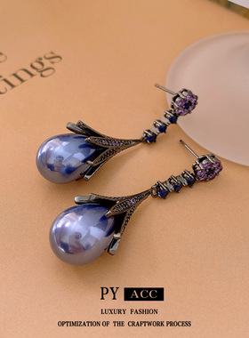 法式银针镶钻花朵人造珍珠耳环复古轻奢高级感耳钉小众耳饰女