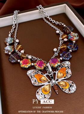 中古vintage镶钻蝴蝶花朵项链夸张复古高级感锁骨链轻奢小众饰品