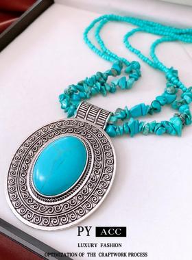 椭圆形石头串珠双层吊坠项链中古vintage时尚毛衣链复古百搭项饰