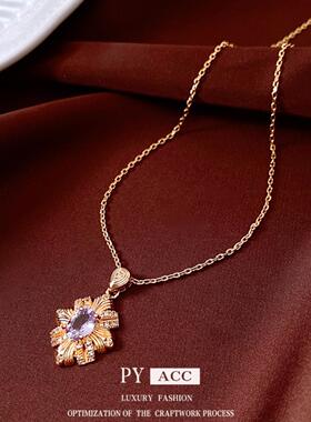 14k真金电镀菱形吊坠项链中古vintage轻奢毛衣链精致百搭项饰小众