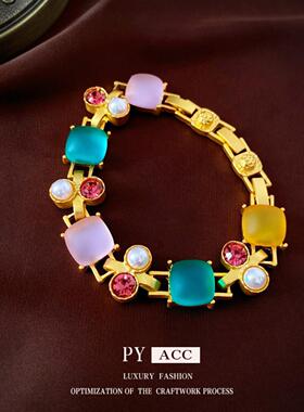 中古vintage镶钻方形卡扣项链宫廷风轻奢小众锁骨链复古气质项饰