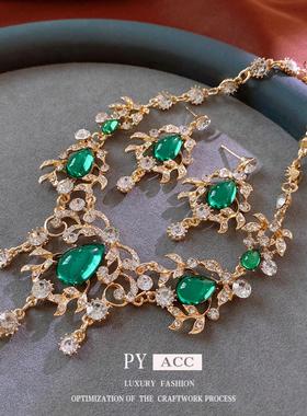 银针镶钻水滴树叶耳环中古夸张宫廷风耳钉复古轻奢高级感耳饰