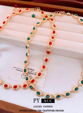 复古椭圆形镶钻褶皱可调节项链中古vintage毛衣链设计感小众项饰