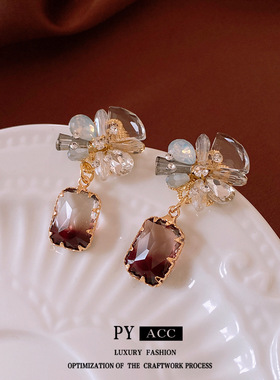 银针镶钻花朵方形耳环轻奢高级感复古耳钉小众百搭气质耳饰女