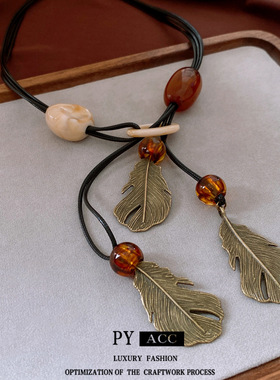 波西米亚复古镶钻纽扣树叶项链小众时尚设计感锁骨链百搭饰品