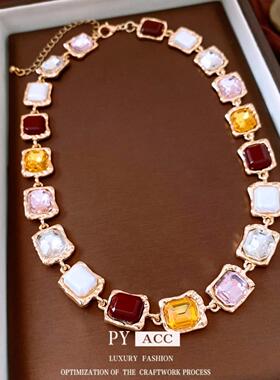 中古vintage镶钻方形拼接项链复古宫廷风毛衣链轻奢高级感项饰女