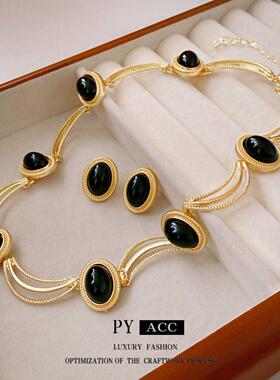 中古vintage椭圆几何项链高级感时尚复古锁骨链法式小众设计项饰