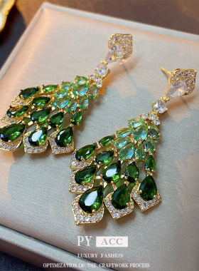 银针锆石羽毛耳坠 复古时尚高级感耳环 小众夸张新款耳饰女