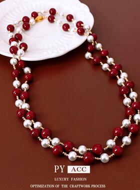 中古vintage红色珍珠串珠项链时尚轻奢高级感毛衣链秋冬复古项饰