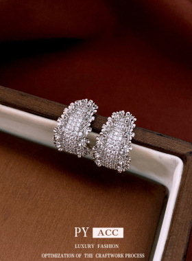 18k真金银针锆石花边C形耳环时尚轻奢高级感耳钉气质精美耳饰