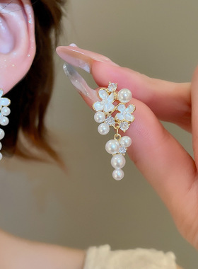 度假风银针镶钻花朵珍珠吊坠耳环精致甜美耳钉时尚气质设计感耳饰
