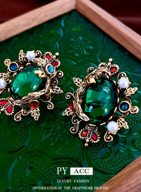 中古银针祖母绿珍珠耳环宫廷风小众高级感耳钉轻奢气质耳饰女