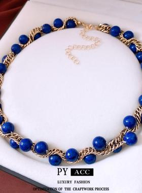 中古vintage金属链条麻花石头项链复古气质锁骨链轻奢高级感项饰