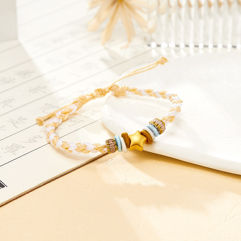 love＆love幸运星黄金999足金手绳星星转运珠3D硬金手链送女朋友