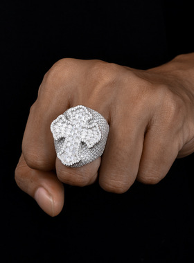 【ICEJAG】S925银莫桑石戒指十字架造型嘻哈男戒T方钻戒指百搭潮