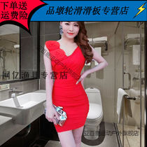 Valley Ship Body body Nightwoman Dress Sexy Tight Fit Dress Nightfield Sauna Technician KTV Work Clothes V Collar Pack Hip Dresses Red