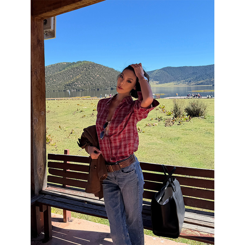 VanessaLab 私服美式古着格子红衬衫女棉质长袖时尚休闲衬衣外套,淘宝优惠券,粉丝福利购,淘宝优惠卷