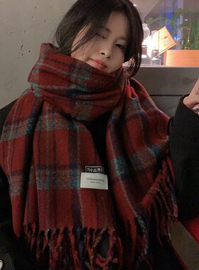 LULU红色格子围巾女山羊绒保暖潮