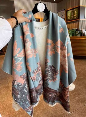 【正品】Coor Koor山亭秋色|雅韵蓝双面羊绒围巾女秋冬加厚保暖披