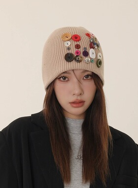 CoorKeva五彩纽扣针织帽女毛线